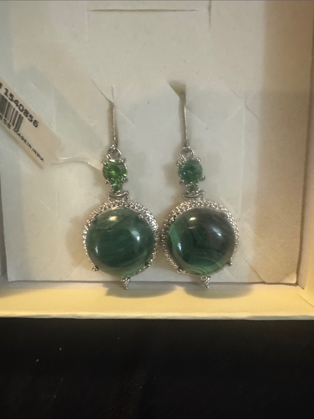 Silver Tone Drop Earrings with Round Malachite Stones and green crystal accents.